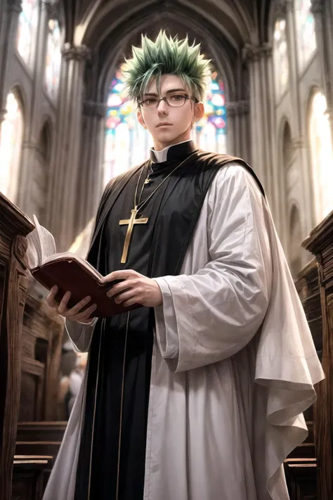 official art, unity 8k wallpaper, ultra detailed, beautiful and aesthetic, masterpiece, best quality, extremely detailed, 1boy, a manly 25 years old priest with white robes, green spiked hair, stubble, round glasses, contempt, in an altar, bible, crowded c...