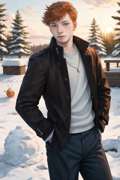 candid photograph, slender dg_Finn <lora:dg_Finn_v1:0.8> 18yo 1boy, ginger facial stubble, , homoerotic, detailed realistic face,  winter, snowball fight, playful, coat, pants