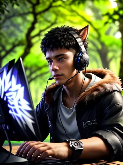 photo of beautiful of a humanoid, black and white Papillon   (playing world of warcraft:1.05), (short fur:1.4), (on a pc master race rgb pc:1.3), in the woods, (headset:1.2), sunny day, dslr, 8k, 4k, ultrarealistic, realistic,