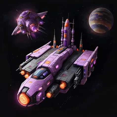 purple and orange spaceship, alien planet, sci fi city in the background <lora:CuteSpaceship:1>