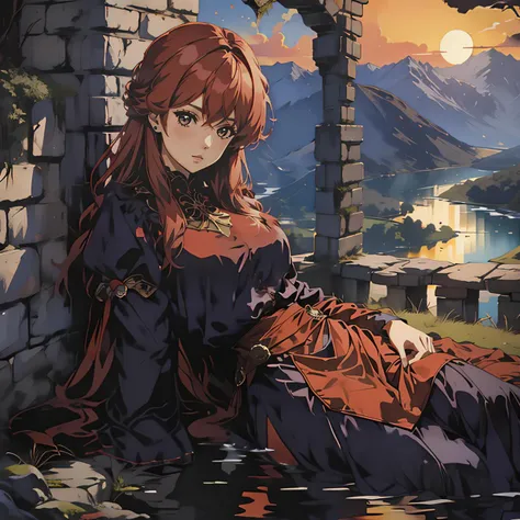 (high quality), nodf_lora, 1girl, solo, laying, red hair, on mountain, river, brick wall, sexy, blue dress, red robe, fantasy, sunset, (depth of field), <lora:notion_of_dark_fantasy-nodf:0.9>