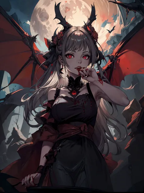 1girl, vampire, fantasy, (blood on mouth:1.2), fist on mouth, wiping mouth with  her hand, (bloody intricate black dress:1.1),gothic  dress, dynamic pose, semi closed eyes, demon slit eyes,pointy tooth, moon light, at night, smug eyes, dutch angle, birch l...