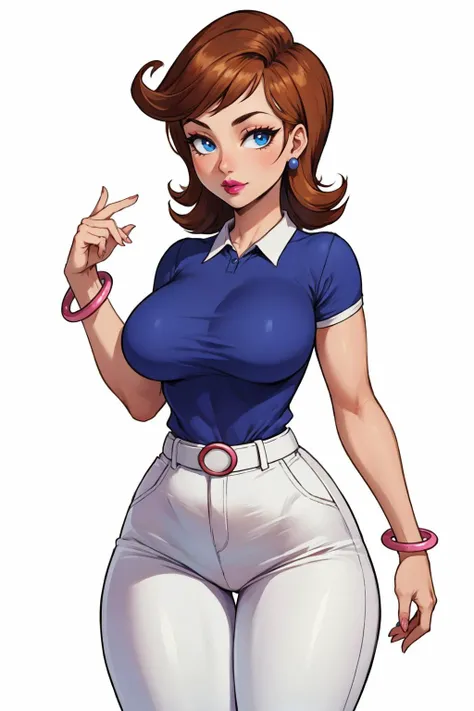 a cartoon image of a woman in white pants and a blue shirt