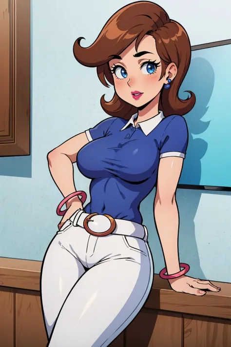 a cartoon picture of a woman in a blue shirt and white pants