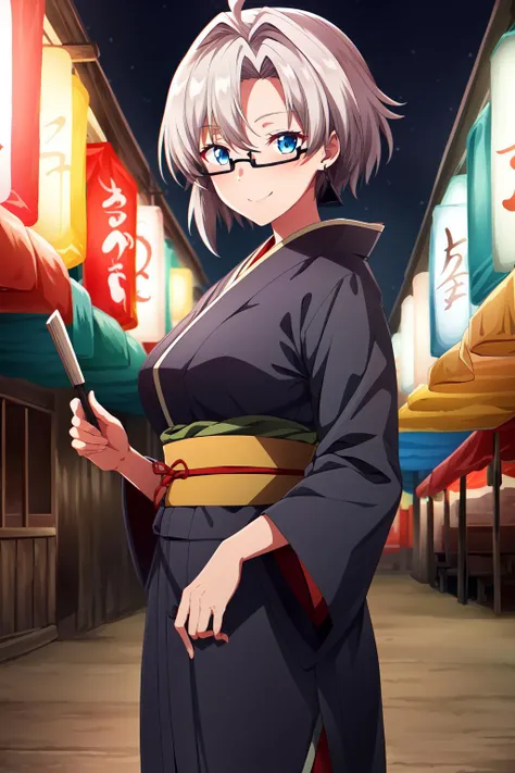 1girl, solo, breasts, short hair, blue eyes, ahoge, grey hair, glasses, semi-rimless eyewear, look at viewer, smile, weaaring kimono, kimono, japanese cloth, cowboy shot, night, lights, festival, outdoor background, reika_kobato