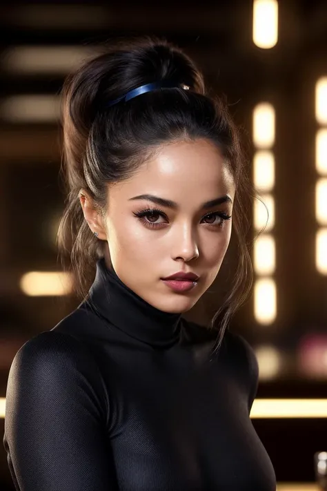 photo of extremely sexy (v4lkyr4e:0.99), a woman as a sexy student, closeup portrait upsweep updo, (blue tight long sleeve turtleneck top), at a cantina sitting bar (masterpiece:1.5) (photorealistic:1.1) (bokeh) (best quality) (detailed skin texture pores ...