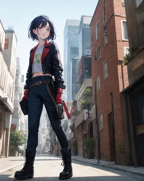 anime girl with gun in city street with buildings in background