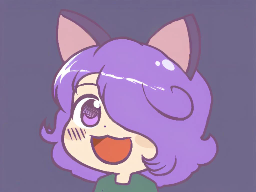 cartoon drawing of a girl with purple hair and a cat ear