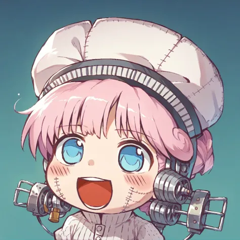 anime girl with pink hair and a white hat holding a gun