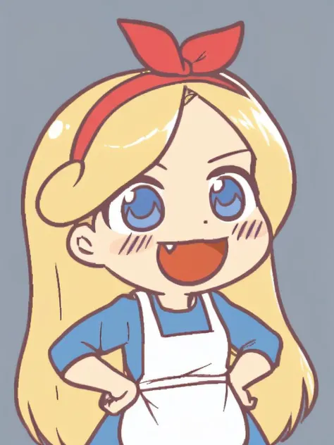 a cartoon girl with a red bow on her head and a blue shirt