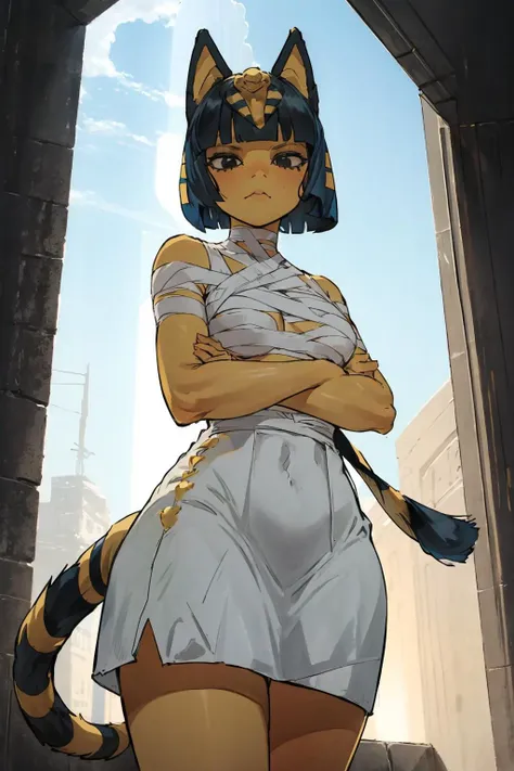 ((masterpiece)), ((best quality)), 1girl, ankha, tail, bandages, white dress, medium breasts, crossed arms, from below, looking down, looking at viewer, <lora:Ankha_v2_RETRAIN:1>