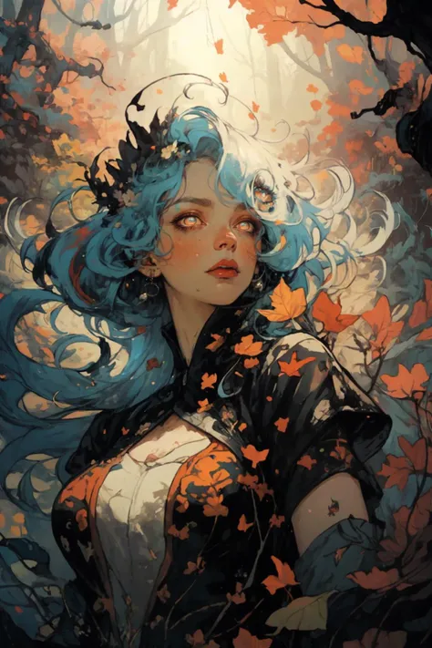 masterpiece, best quality, 4k, female, mature woman,glowing eyes,(fair skin),(multiple colored hair),long hair,falling leaves,stones,(colorful),visually stunning,mystical,mystical forrest,occult, beautiful, evocative, emotional,floating flowers,floating ey...