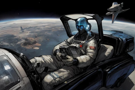 astronaut in space suit sitting in cockpit of space plane with earth in background