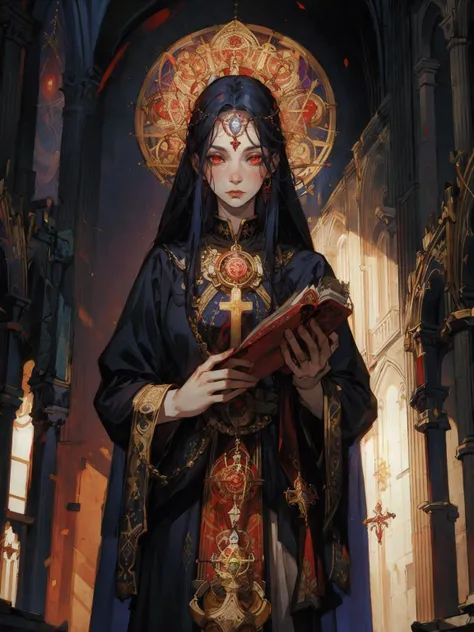 realistic, best quality, masterpiece, the female Hierophant, colorful, (pale skin), ((illustration by Adrian Smith)), navy blue hair, red glowing eyes, Sacred Geometry pattern background, church,