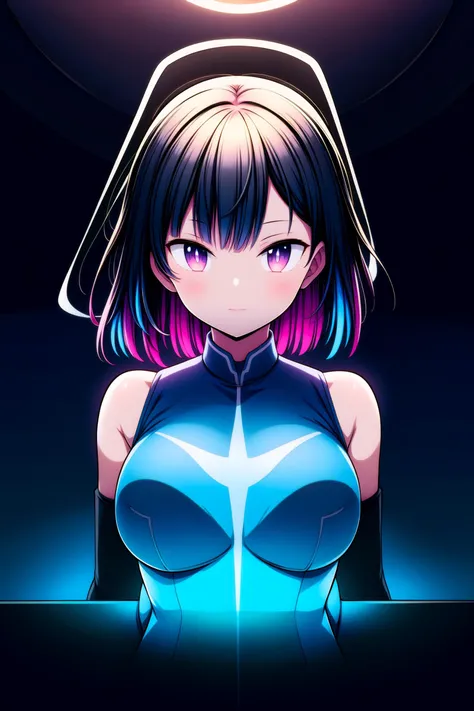 <lora:pitch_black_shadow_V2:0.8> girl <lora:CyberPunkAI:0.8> , neon, 1girl, multicolored hair, glowing, bare shoulders, light particles, light rays, wallpaper, Pitch Black, black, simple background, black background, bright color, bright light, multi color...