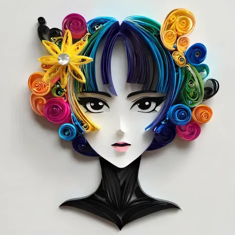 a close up of a paper art of a woman with colorful hair