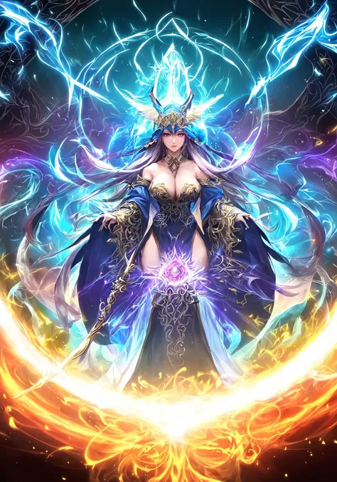 A digital illustration of a (mysterious:1.2) and (enigmatic:1.2) sorceress standing on the edge of a (glowing:1.2) portal, her eyes fixed on a (distant:1.1) horizon. She is dressed in a (voluminous:1.2) robe adorned with (intricate:1.1) patterns and (symbo...
