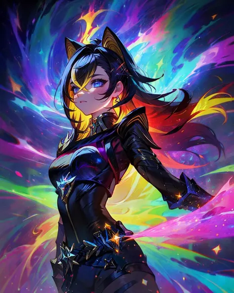 a woman in a black outfit with a cat ears and a colorful background