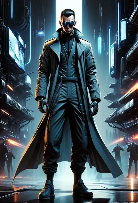 a man in a trench coat standing in front of a city