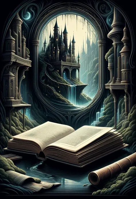 a book is open on a table with a castle in the background