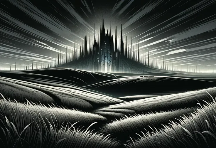 a black and white painting of a castle in the middle of a field