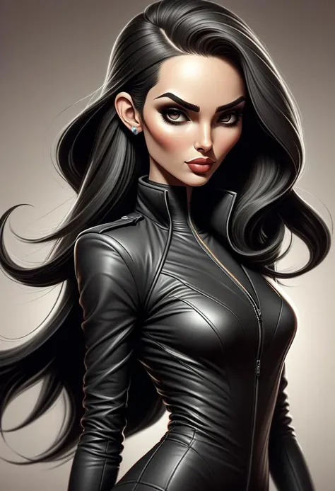 a woman in a black leather outfit with long hair