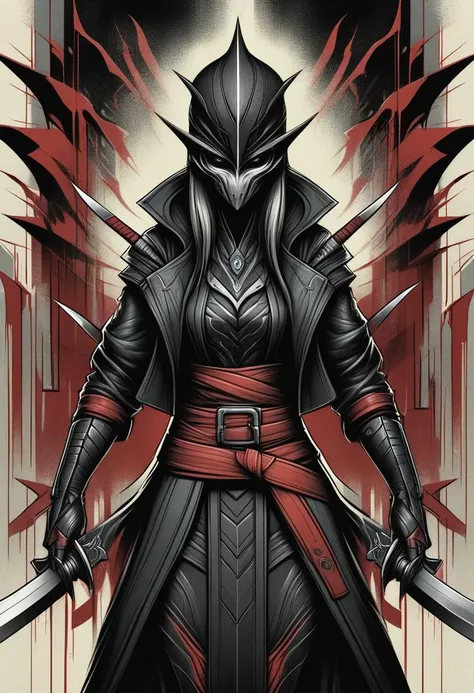 a black and red ninja with two swords standing in front of a building