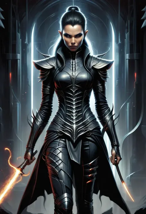 a woman in armor holding two swords in a dark room