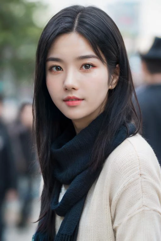 1girl, realistic, (ultra-detailed), (realistic:0.2), CG, 4k, 8k, a girl with a long sky blue scarf on is walking down the street, cinematic lighting, bokeh:1.2, (detailed background :1.1), (detailed cute), (detailed eyes), detailed oily skin, (glowing eyes...