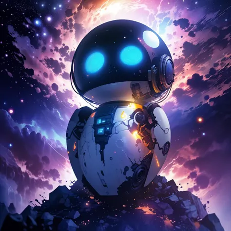 a cartoon robot with glowing eyes sitting on top of a rock