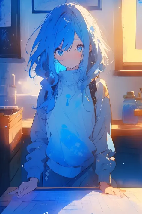 (Simple Drawing:1.3) of (Rough sketch:1.3),(Depressing:1.3) A photo of a girl, cozy, indoors, warm, warmth, slight slime, light freckles,,(Blue hue:1.3), masterpiece, extreme details, detailed, focus, masterpiece, realistic, photorealistic, 4k, 8k, 16k, hi...