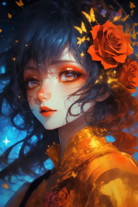 (Foolish Photo:1.3) of (Sketched:1.3) Makeup, Colorful, Brown eyes, Detailed eyes, details, Starry background, Detailed background, Upper body, Sparkles, butterfly, flames, (Roses:1.3),Highly Detailed,(Kodak Portra:1.3),(close portrait:1.3),(Feminine:1.4),...