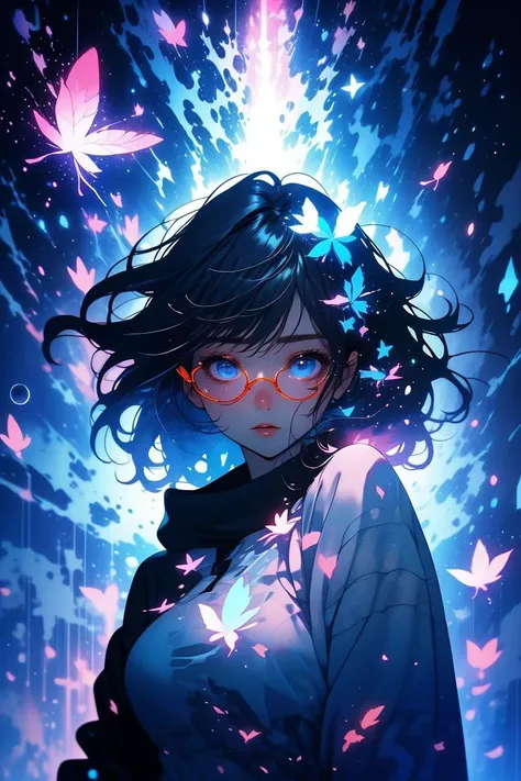 a woman with glasses and butterflies in her hair