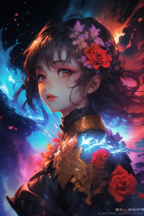 (Venerable Photo:1.3) of (Visual novel:1.3) Makeup, Colorful, Brown eyes, Detailed eyes, details, Starry background, Detailed background, Upper body, Sparkles, butterfly, flames, (Roses:1.3), Warrior, body armor, shoulder armor,Highly Detailed,(Kodachrome:...