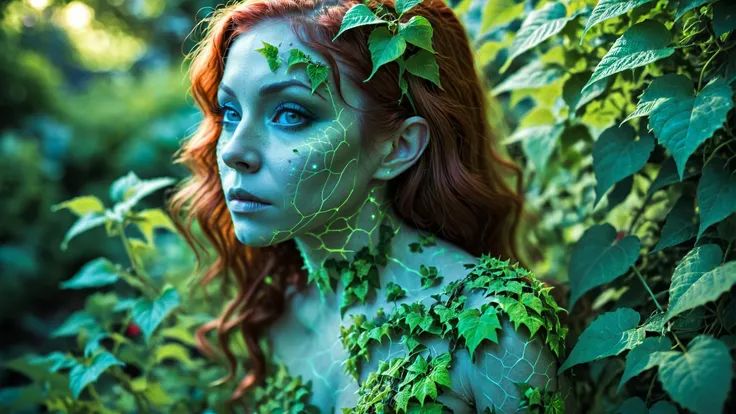 analog photo of an poison ivy,in a lush garden in a full body,intense,sharp focus,very detailed,intricate,high quality,side-view,focus on face,<lora:Landscapes-v1.1:0.8>,<lora:Bio-Luminescence:0.7>,bioluminescent,glowing, looking into the camera