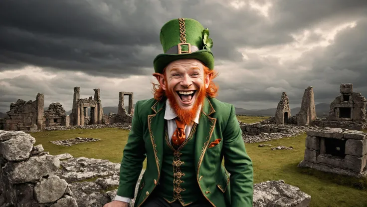 Hyperrealistic art A portrait of a  laughing leprechaun, Old Celtic ruins,in a desolate landscape,a dramatic overcast sky with orange and red hues can be seen. 
<lora:Landscapes-v1.1:0.8>, . Extremely high-resolution details, photographic, realism pushed t...