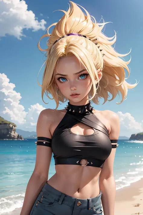 (masterpiece, best quality), 1girl,   <lora:DBS_CauliflaSSJ_v1:1> cauliflassj, 1girl, solo, aqua eyes, blonde hair, spiked hair, big hair, super saiyan, bare shoulders, midriff, pnk top, crop top, strapless, tube top, bandeau, purple pants, baggy pants, pu...