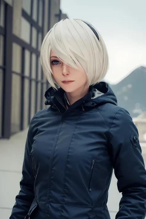 cinematic photo Best quality,masterpiece,ultra high res,1girl,yorha2b,(parka:1.2),mountain,smirk, . 35mm photograph, film, bokeh, professional, 4k, highly detailed