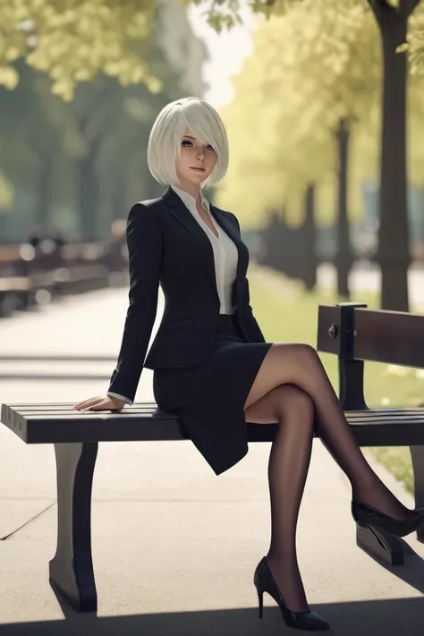 cinematic photo yorha2b,<lora:yorha2b_sdxl_V10-000008:0.65>,looking at viewer,sunny day,smirking,black high heels,sitting,full body,business suit,pencil skirt,bench,park, . 35mm photograph, film, bokeh, professional, 4k, highly detailed