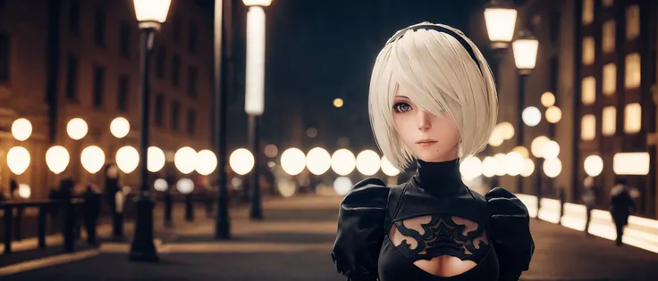 cinematic photo Best quality,masterpiece,ultra high res,1girl,yorha2b,street,city,night, . 35mm photograph, film, bokeh, professional, 4k, highly detailed, <lora:yorha2b_V3_1:0.675>, <lora:weight_slider_v2:-1.25>