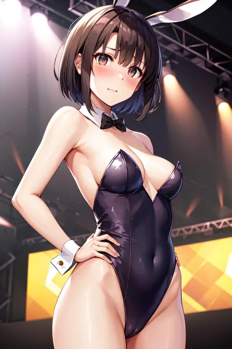 masterpiece, best quality, highres, hmkm1, short hair, medium breasts, <lora:katou_megumi_v1:0.7>, playboy bunny, rabbit ears, bare shoulders, hand on hip, embarrassed, blush, stage,