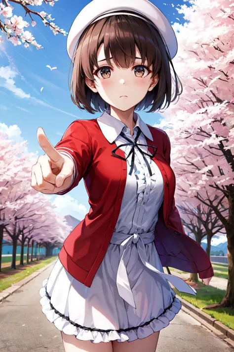 masterpiece, best quality, highres, hmkm1, short hair, white headwear, beret, red cardigan, white dress, frills, ribbon, long sleeves, open clothes, medium breasts, <lora:katou_megumi_v1:0.7>, cherry blossoms, standing, cowboy shot, frown, pointing looking...