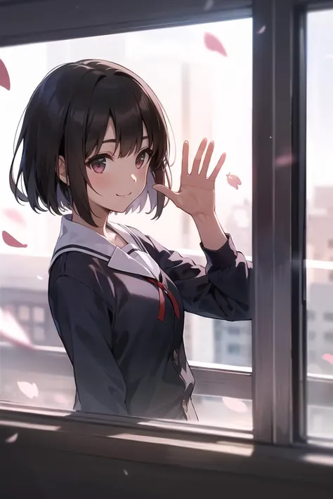 anime girl looking out window with petals flying around her