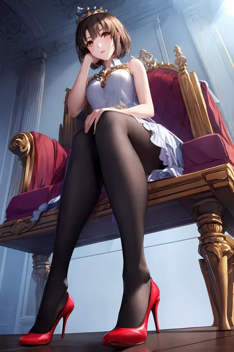 1girl,crown,sitting,queen,jewelry,forehead jewel,palace,luxray,full body,high heels,from below,looking at viewer,scowl,wide shot,throne,
(masterpiece:1,2),best quality,masterpiece,highres,original,extremely detailed wallpaper,perfect lighting,(extremely de...