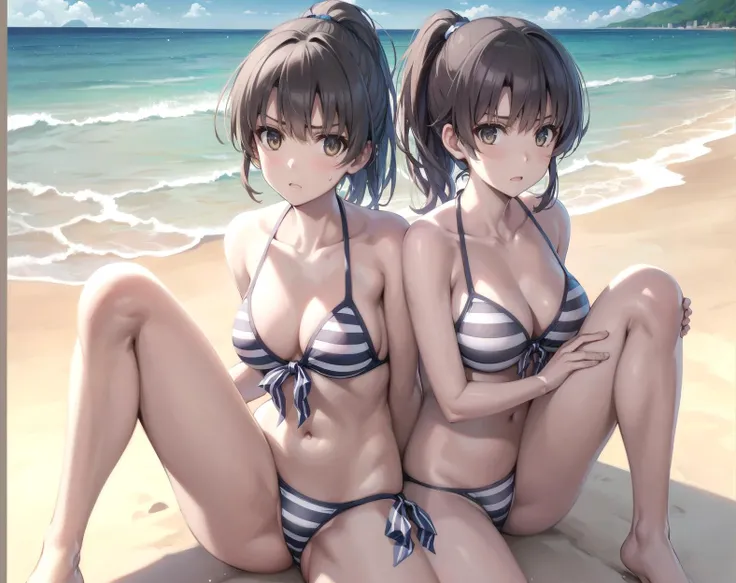 best quality, {masterpiece}, highres, extremely detailed 8K wallpaper, {an extremely delicate and beautiful},<lora:katou_megumi_v1:0.7>,hmkm1, 
short hair, ponytail, striped bikini, side-tie bikini bottom, medium breasts,  (sandy beach in dusk:1.2)
glaring...