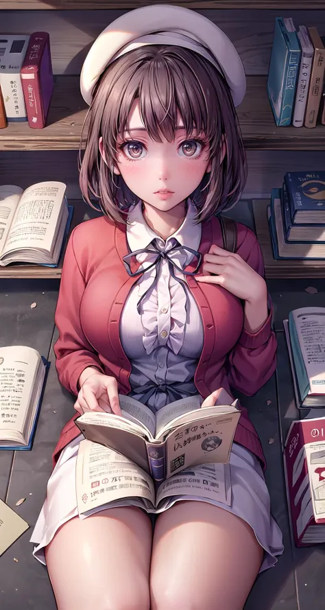 (masterpiece),(intricate details),1girl,mature female,shiny_skin,large breasts
BREAK
<lora:katou_megumi_v1:0.7>,hmkm1, short hair, white headwear, beret, red cardigan, white dress, frills, ribbon, long sleeves, open clothes,
Folded Socks,converse,depth o...