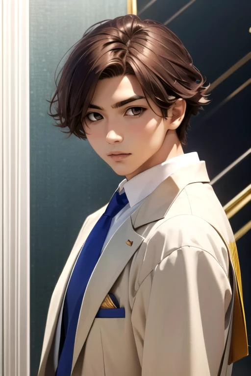 masterpiece, best quality, wallpaper, 1boy, solo, male focus, looking at viewer, , , , realistic, <lora:seidou_takizawa:0.74>, seidou_takizawa, brown hair, brown eyes, graduation costume, Everglow,