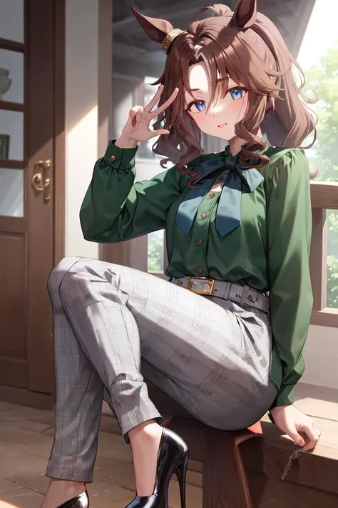 masterpiece, best quality, 
mejiro palmer (umamusume),
ear ornament, casual, green shirt, green bowtie, long sleeves, belt, shirt tucked in, grey pants, plaid, black footwear, high heels
<lora:mejiro_palmer_loha:0.8>