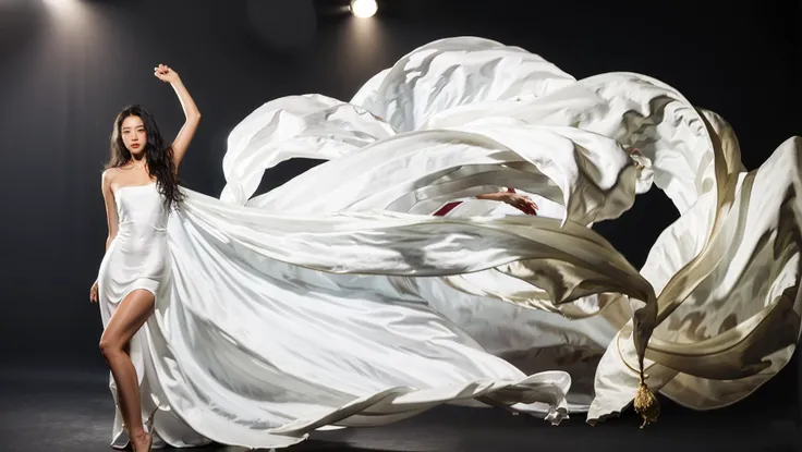 dressart, white dress, floating hair, (floating dress:1.4), (photo art), 1girl, Stunningly Beautiful Girl, Haute_Couture, designer dress, wearing Haute_Couture, posing for a picture, fashion show, Long shaped face, angry, crazy, dark red eyes, Sandy Blonde...