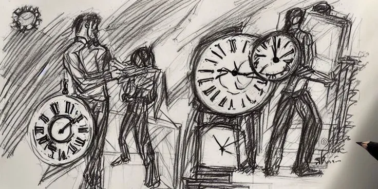 drawing of a man holding a giant clock in front of a painting of a man holding a woman, art by sketchpad